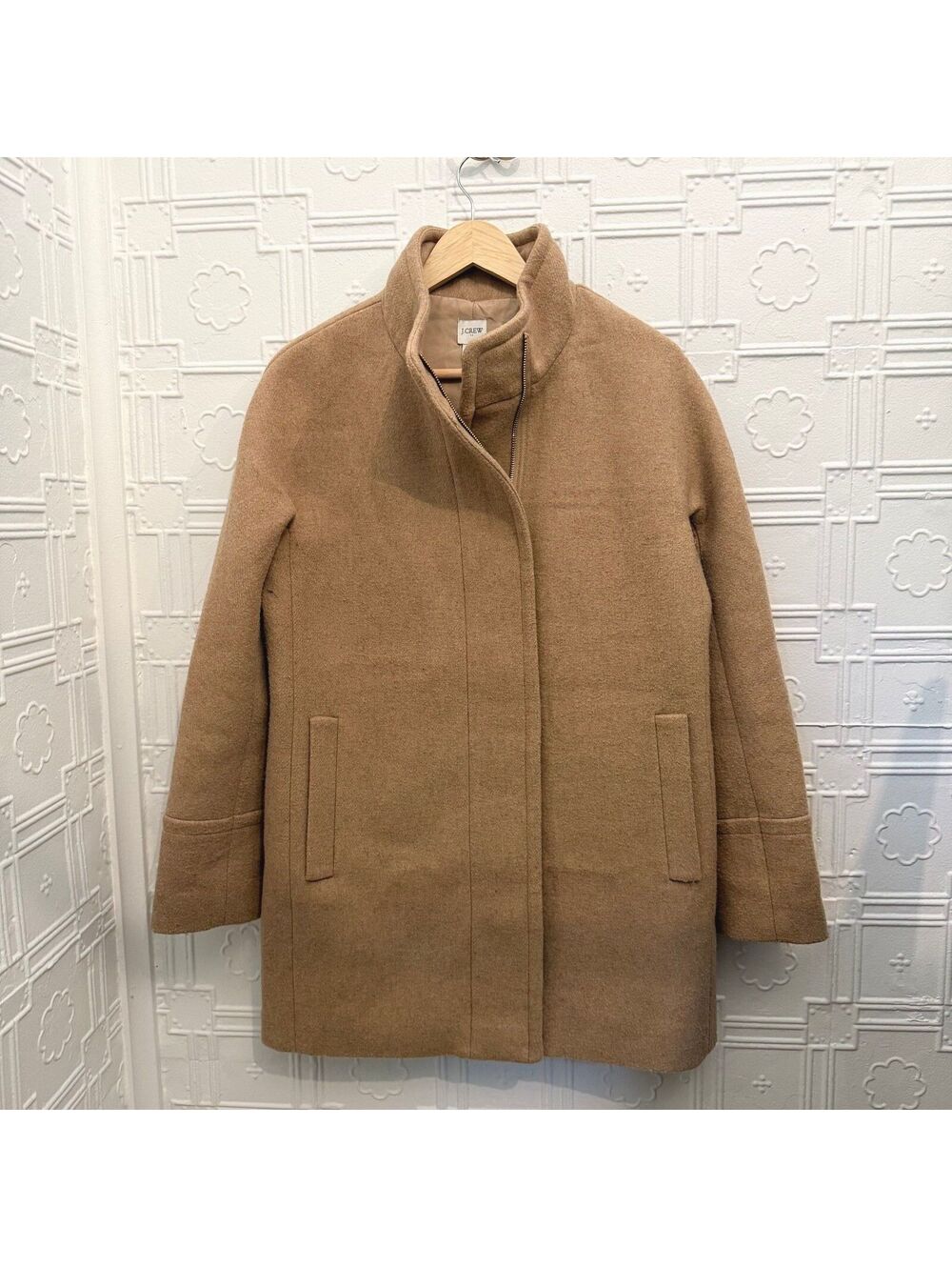 J.Crew Italian Stadium Cloth Wool Lodge Coat Camel Tan Zip Up Jacket - Size 8